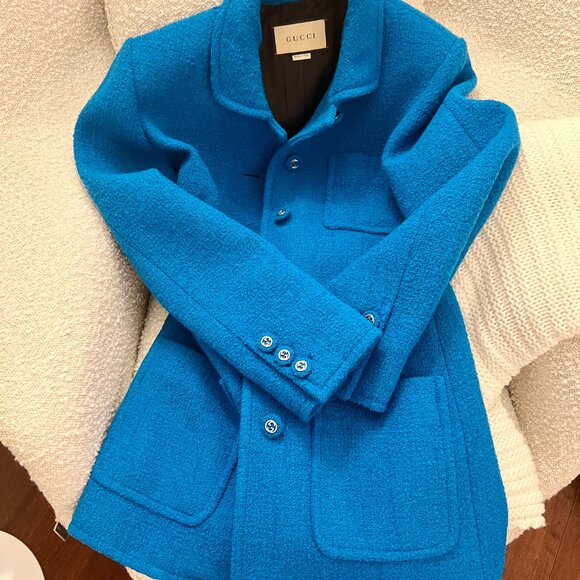 FREE AUTH! - Gucci Blue/Turquoise 2025 Wool GG Button Coat - IT 42 / US 6 - NWOT - Picture 7 of 11